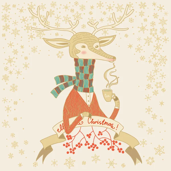 Christmass,New Year greetings card with deer illustration. — Stock Vector