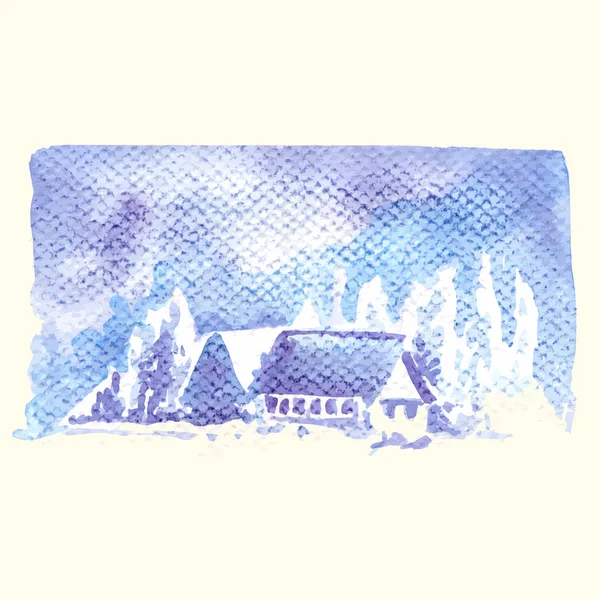 Ilustração vetorial em estilo aquarela da cabana na floresta de inverno — Vetor de Stock