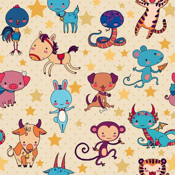 Chinese zodiac animals vector seamless pattern. — Stock Vector