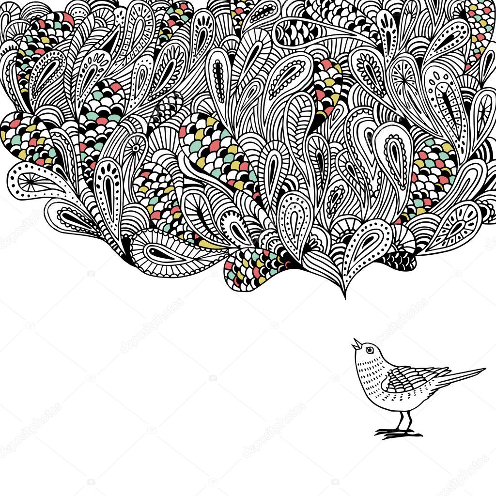 Little bird and floral paisley-style decoration vector card.