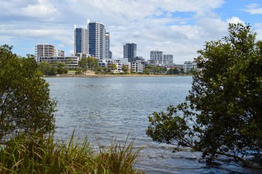 A view of the Sydney skyline from the banks of the Parramatta River at Meadowbank, NSW