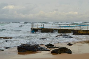 Dalgalar Sidney, Avustralya 'daki South Curl Sahili' ndeki kaya havuzuna çarpıyor.