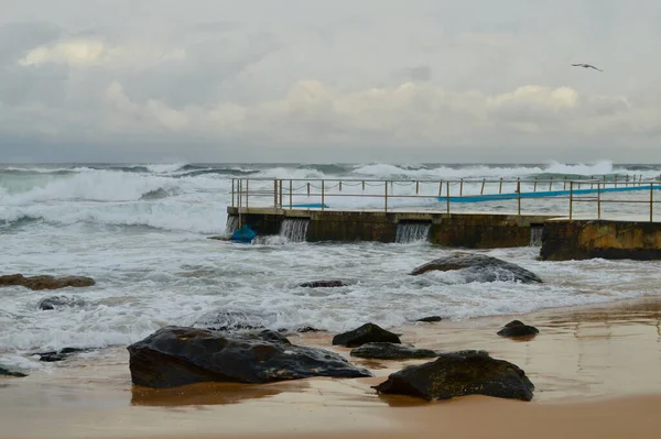 Dalgalar Sidney, Avustralya 'daki South Curl Sahili' ndeki kaya havuzuna çarpıyor.