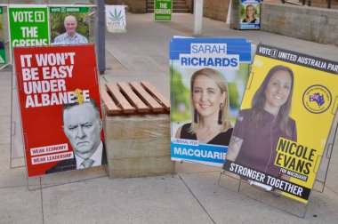 Posters at a polling station in the Blue Mountains of Australia during the Federal elections of 2022.