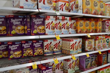 Cereal boxes on the shelves of a Coles supermarket 