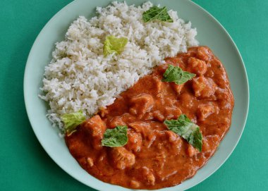 An Indian style mild chicken curry with basmati rice