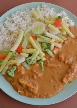 Sebzeli ve beyaz pirinçli Satay tavuğu