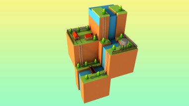 İzometrik şehrin üç boyutlu çizimi. Ağaçları, gökdelenleri, parkı, 3D binaları, modern ofisi ve metropol konsepti olan akıllı bir kasaba.