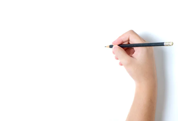 Pequena Mão Está Pronta Para Desenhar Com Lápis Isolado Branco Fotografia De Stock