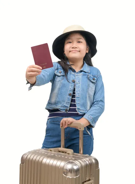 Petits Touristes Portant Jean Avec Des Bagages Montrer Les Passeports — Photo