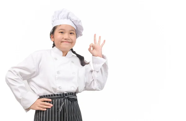 Sorrindo Chef Bonito Menina Mostrando Sinal Mão Isolado Fundo Branco — Fotografia de Stock
