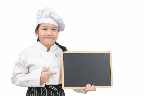 Little Asian Girl Chef Uniform Cook Holding Blackboard Put Text — Stock Photo, Image