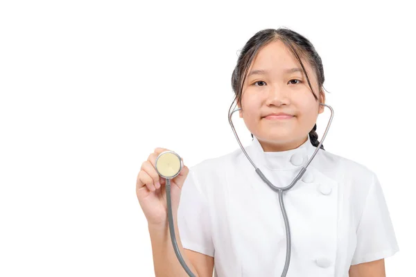 Retrato Menina Bonito Médico Enfermeiro Com Estetoscópio Isolado Fundo Branco — Fotografia de Stock