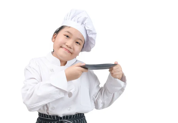 Portrait Professional Girl Chef Holding Empty Dish Isolated White Background — Stockfoto