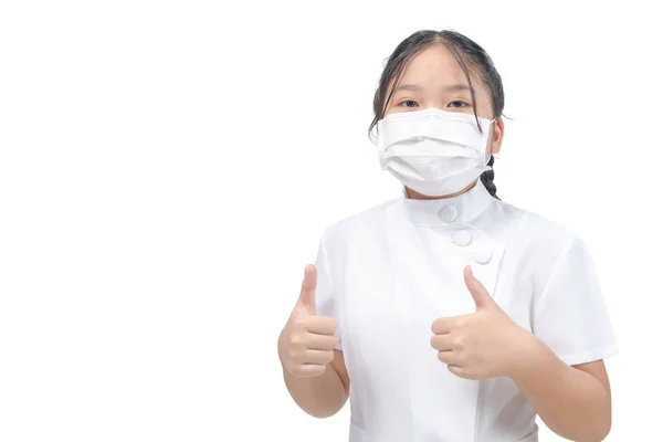 Cute Smiling Asian Female Doctor Physician Medical Mask Showing Thumbs — стокове фото