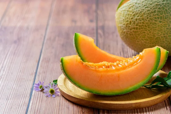 Fatiado Melões Japoneses Melão Mel Melão Cucumis Melo Fundo Mesa — Fotografia de Stock