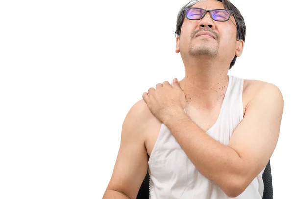 Middle Aged Man White Veat Suffering Arm Shoulder Pain Isolated — Photo