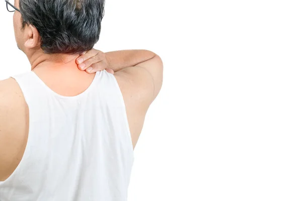 Middle Aged Man White Veat Feeling Exhausted Suffering Neck Pain — Stock Photo, Image