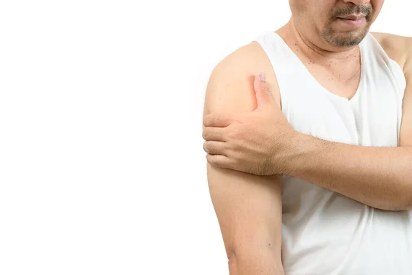 Middle Aged Man White Veat Suffering Arm Shoulder Pain Isolated — Fotografia de Stock