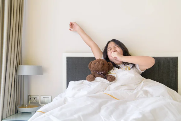 Portrait Asian Girl Awaking Wake Bed Cute Asian Girl Stretching — Stok Foto