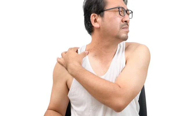 Middle Aged Man White Veat Suffering Neck Shoulder Pain Isolated — Stock Photo, Image