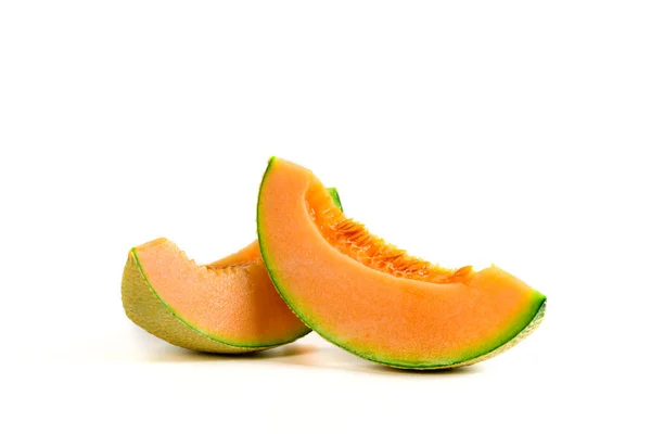 Slice Japanese Melons Orange Melon Cantaloupe Melon Seeds Isolated White — Stock Photo, Image