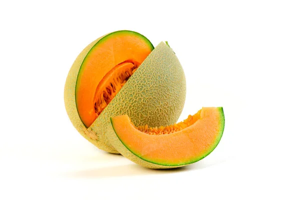 Whole Slice Japanese Melons Orange Melon Cantaloupe Melon Seeds Isolated — Stock Photo, Image
