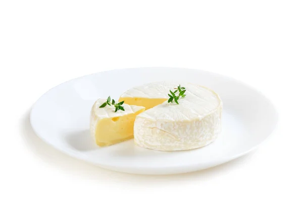 Camembert Cheese Thyme White Dish Isolated White Background Camembert Moist — Zdjęcie stockowe