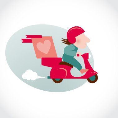 Funny pizza delivery man on red motorbike.