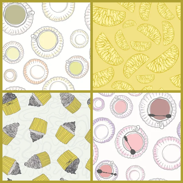 Perfect collection of 4 seamless patterns withcups and deserts m — Stock Vector