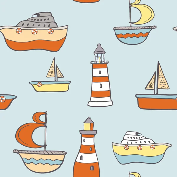 Cute childish seamless background with ships, boats and lighthou — Stock Vector