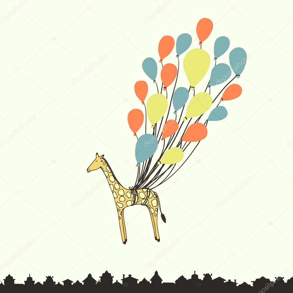 Cute hand drawn giraffe flying on the balloons - perfect newborn