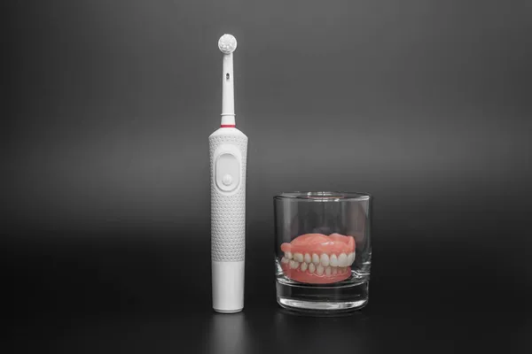 Dental Care Electric Brush Dentures Electric Brush Black Background Acrylic — Stock Photo, Image