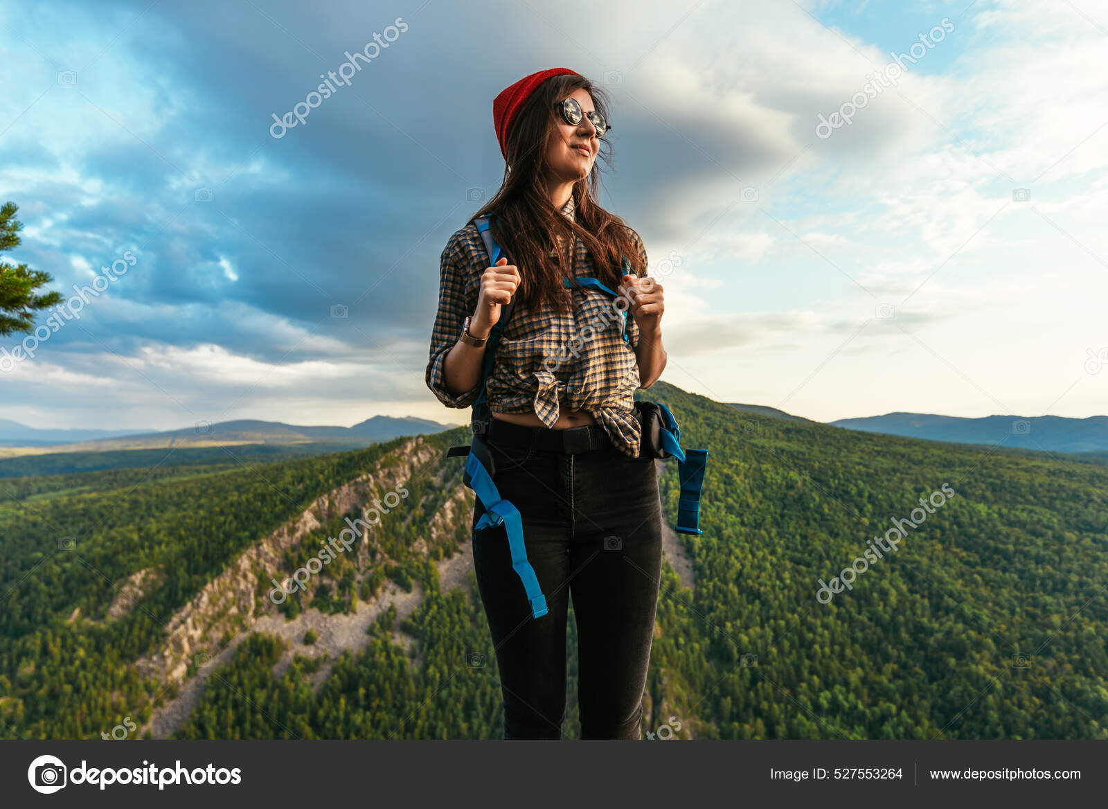 Portrait Female Traveler Mountains Adventure Travel Hiking Concept Happy Woman  Stock Photo by ©sotnikov_mikhail@mail.ru 527553264
