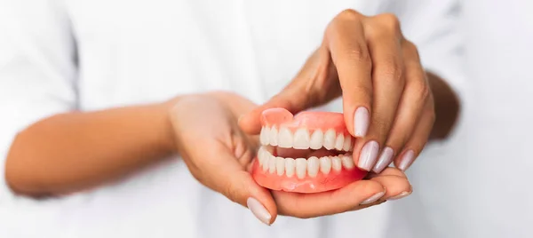 Dental prosthesis in the hands of the doctor close-up. Dentist holding ceramic dental bridge. Front view of complete denture. Dentistry conceptual photo. Prosthetic dentistry. False teeth