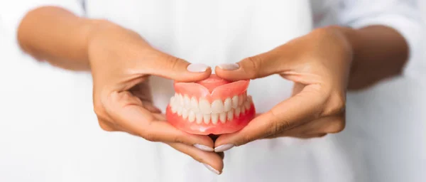 Dentist Holding Dentures His Hands Dental Prosthesis Hands Doctor Close — Stock Photo, Image