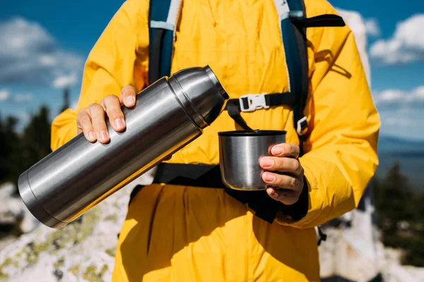 Thermos Hands Traveler Man Tourist Clothes Thermos Coffee Tea His — Stock Photo, Image