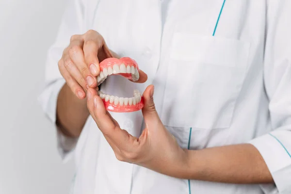 Dentista Tem Dentaduras Nas Mãos Prótese Dentária Nas Mãos Médico — Fotografia de Stock