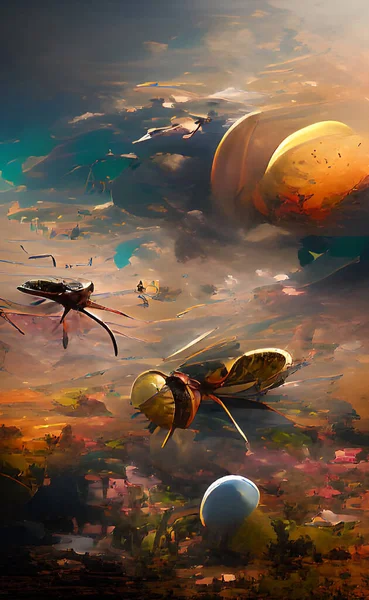 Pintura Digital Abstracta Interpretando Insectos Planetas Arte Moderno Fondo Creativo —  Fotos de Stock