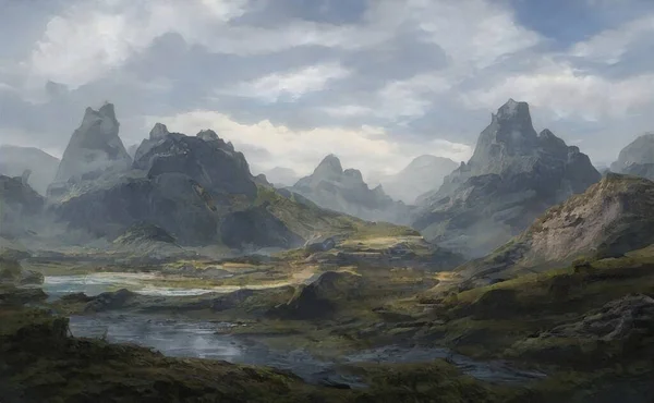 Soyut dijital resim; rüya gibi dağ manzarası. Modern sanatın yaratıcı geçmişi. Doku grafik kaynağı.