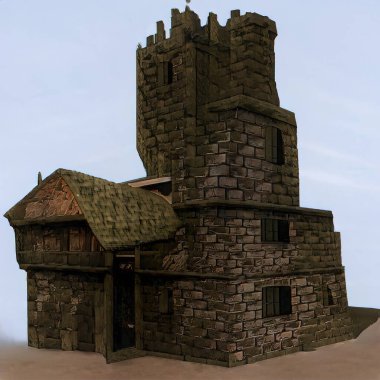 Soyut dijital illüstrasyon; eski tehlikeli feodal evler, klasik zaman.