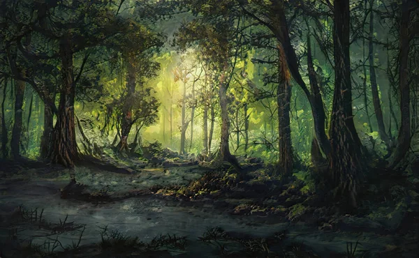 Soyut dijital illüstrasyon; yağlı fırça darbeleriyle güzel doğal manzara.