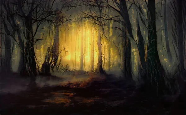 Soyut dijital illüstrasyon; yağlı fırça darbeleriyle güzel doğal manzara.