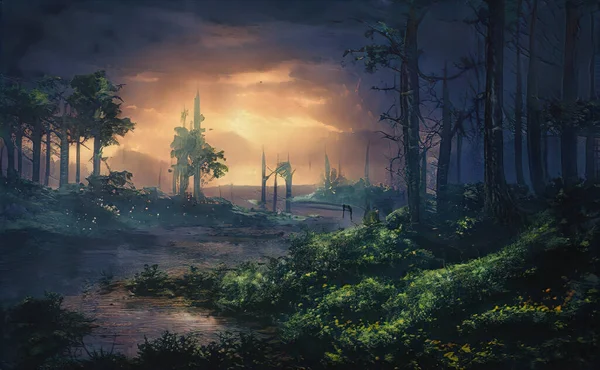 Soyut dijital illüstrasyon; yağlı fırça darbeleriyle güzel doğal manzara.