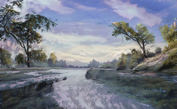 Soyut dijital illüstrasyon; yağlı fırça darbeleriyle güzel doğal manzara.