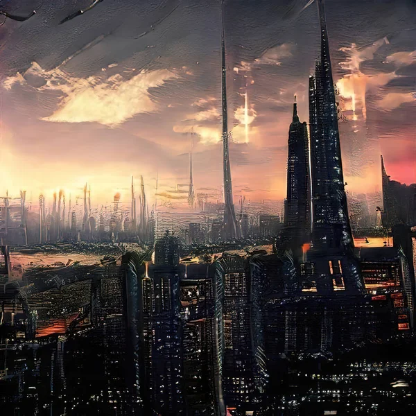 Soyut dijital illüstrasyon; karanlık fütüristik manzara, kıyamet sonrası sahne.