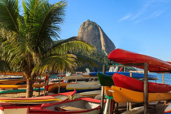 Sugarloaf boats palm tree red beach (praia vermelha), Rio de Jan — Stock Photo, Image