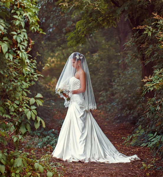 Una hermosa novia en un vestido blanco con un ramo de flores — Foto de Stock