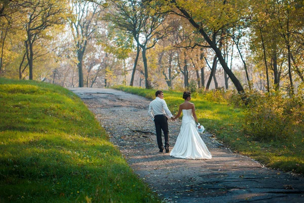 Bruden och brudgummen promenad i naturen — Stockfoto