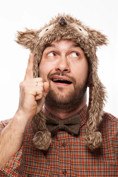 Grappige portret van een man met emotie op haar gezicht in de studio — Stockfoto